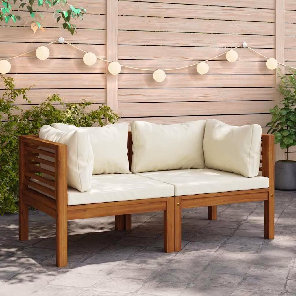 Set di 2 divani angolari vidaXL in legno massello di acacia con cuscini, colore bianco