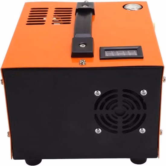 Compressore d'aria portatile PCP arancione con alimentatore integrato, funzione di arresto automatico, 4500Psi 30Mpa, 300W, senza olio e acqua, alimentato a 12V DC
