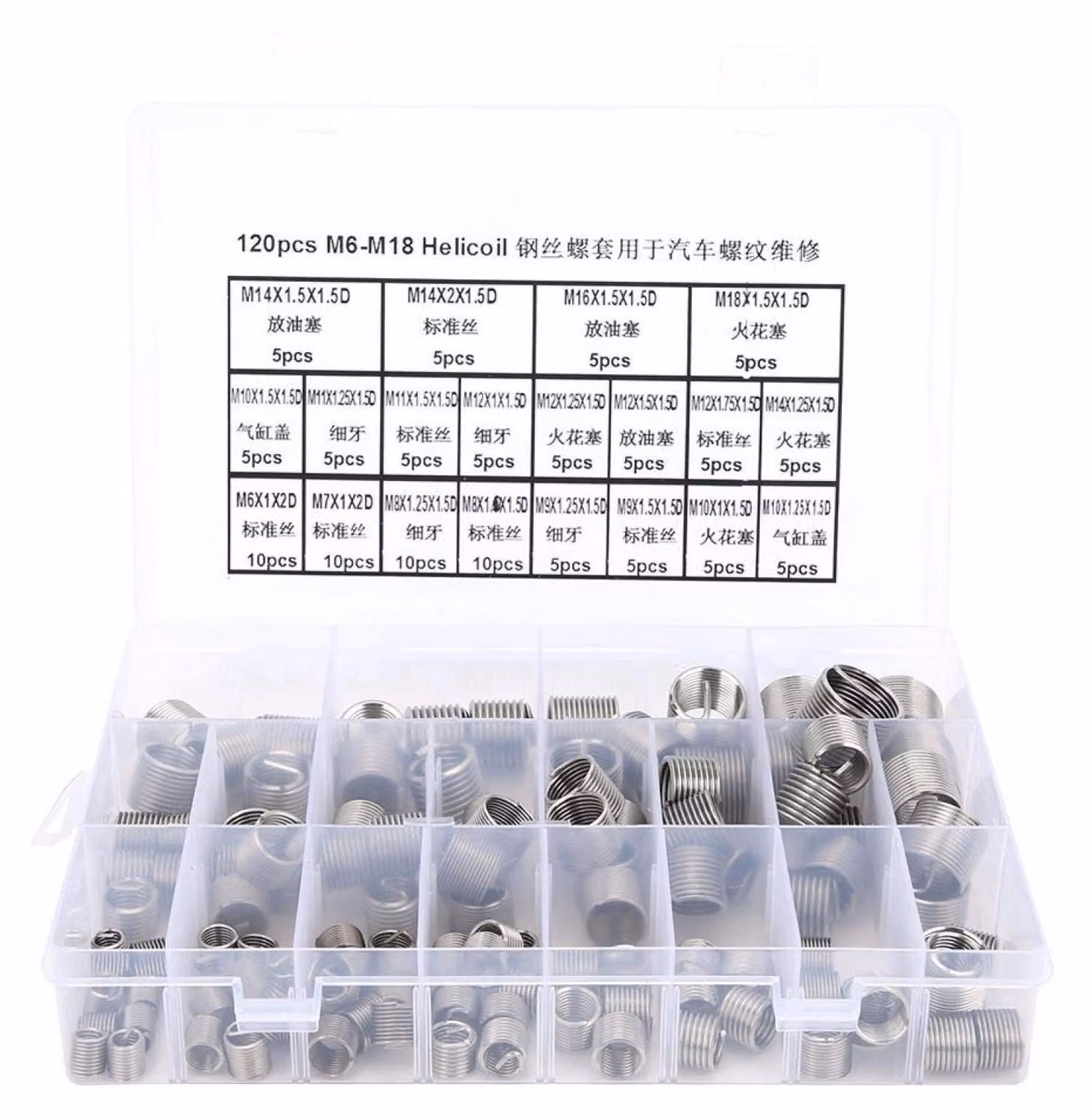 Omgoods - Set di inserti Helicoil da 120 pezzi - Kit di riparazione filettature - M6/M7/M8/M9/M10/M11/M12/M14/M16/M18 - Acciaio inossidabile - Inserti 1/1,5/2D - Riparazione filetti
