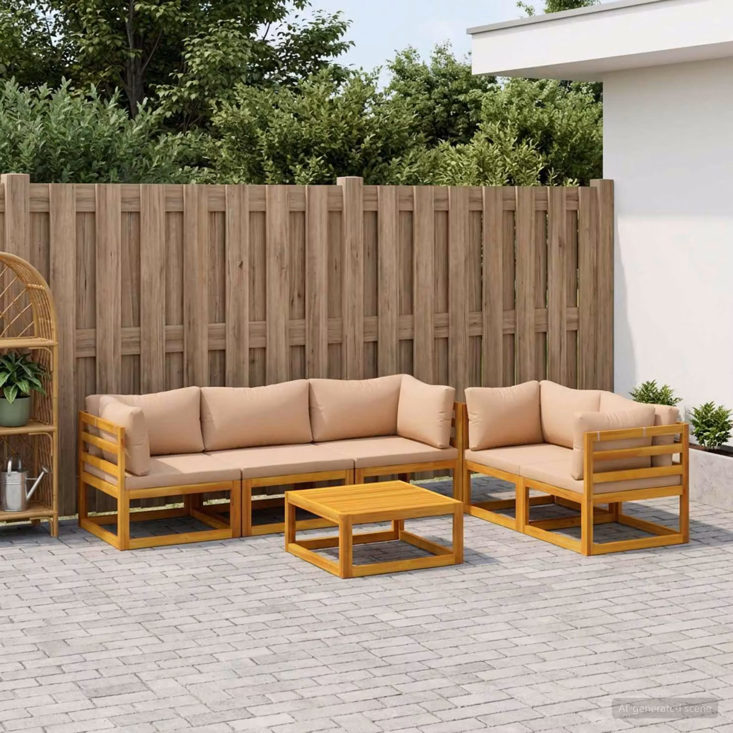 Set di divani da giardino vidaXL in legno di acacia massello con cuscini beige e tavolo da caffè, composizione a L con 6 pezzi