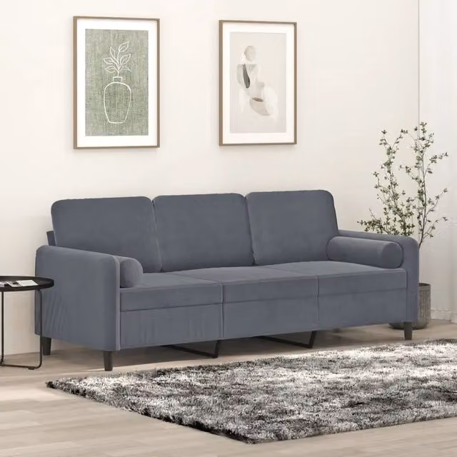 Divano a 3 posti moderno vidaXL in velluto grigio con cuscini e coperture rimovibili L: 198 cm, P: 80 cm, H: 77 cm