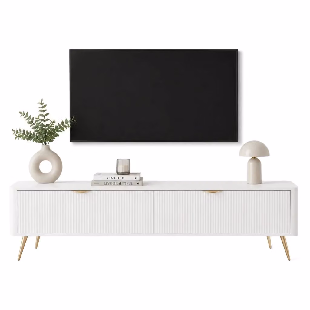 Mobile Porta TV Kala DMORA con 2 Ripiani, Bianco e Oro, L 200 cm x P 38 cm x H 51 cm – 2
