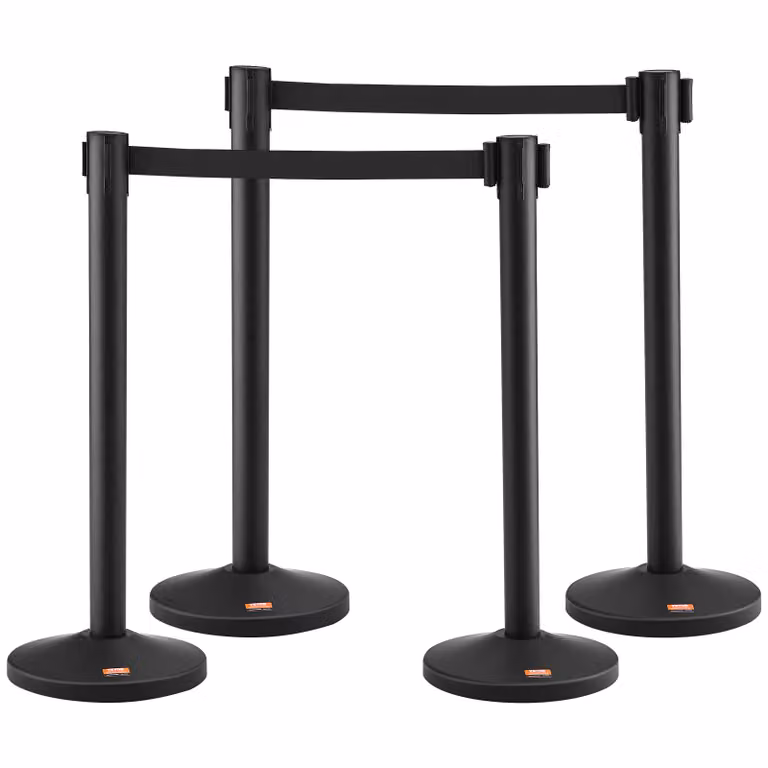 Sistema di guida per il personale VEVOR Nastro di barriera Supporto di barriera 4 pezzi, 2 m x 48 mm Nastro retrattile nero, sistema di guida per il personale Palo di riempimento della barriera Adatto per aeroporti, fiere, luoghi di competizione