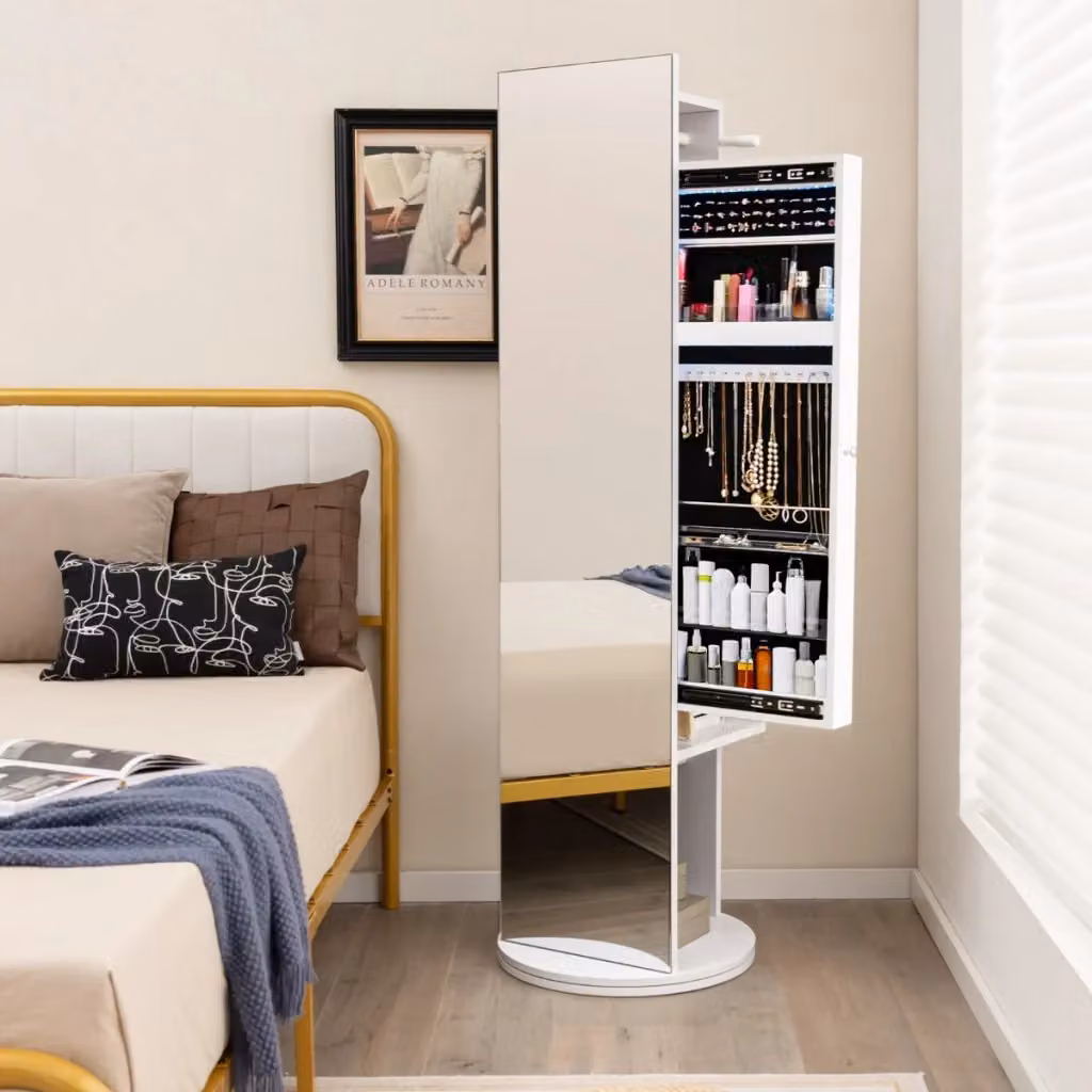 Armadio portagioie DESIGN IN con specchio a figura intera, luci LED integrate e ripiani interni, Bianco, H: 166.5 cm, L: 50 cm, P: 50 cm – 2
