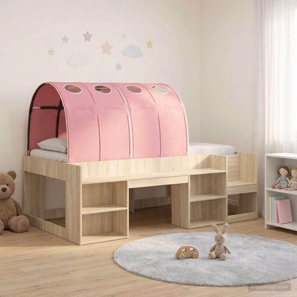 Letto singolo rialzato con tunnel e scale vidaXL in legno ingegnerizzato, Rovere e Rosa, L: 200 cm, P: 127 cm, H: 165 cm