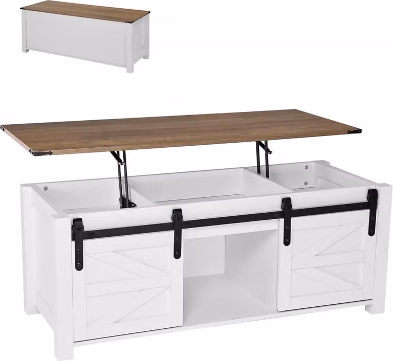 Tavolino da caffè sollevabile 120 cm, tavolino rustico con porta a sbarramento e vano portaoggetti, tavolo da soggiorno moderno con piano sollevabile per ufficio soggiorno - tavolo da divano bianco con vano portaoggetti nascosto
