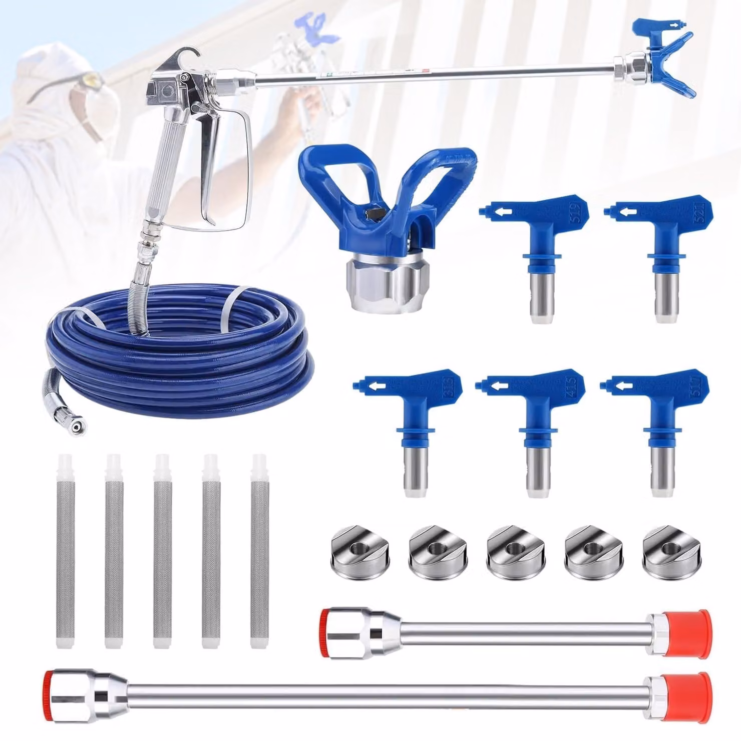 Set completo per verniciatura ad alta pressione, con ugelli e tubo flessibile