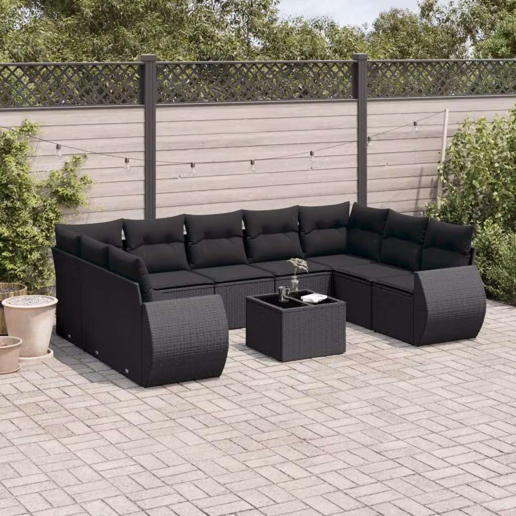 vidaXL Set Divani da Giardino 10pz a Forma a U con Cuscini e Tavolino, Polyrattan e Metallo, Nero – 1