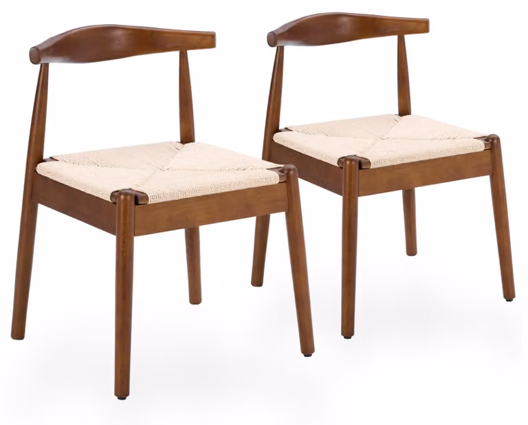 Set di 2 sedie da pranzo in legno, con seduta in corda di carta e schienale curvo, finitura noce