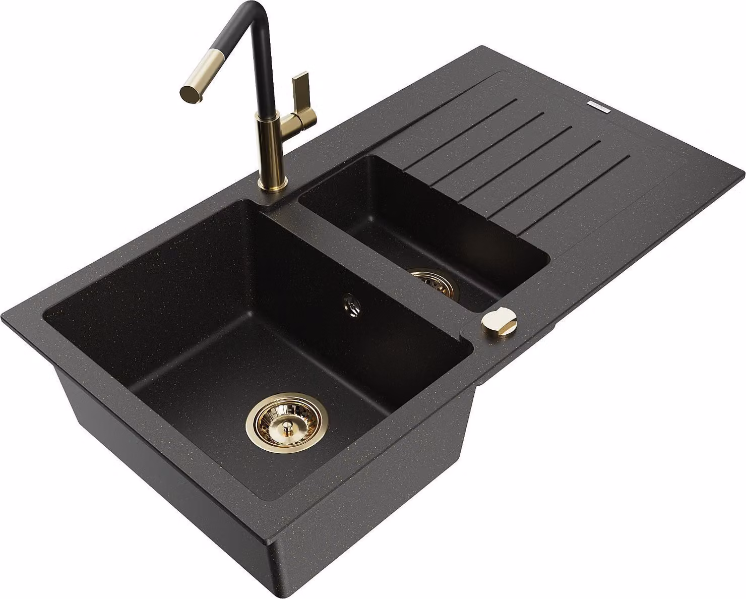 Mexen Matias lavello granitico 1,5 vasca con scolapiatti e miscelatore cucina Flora, nero/oro - 6502-75-670401-57-G