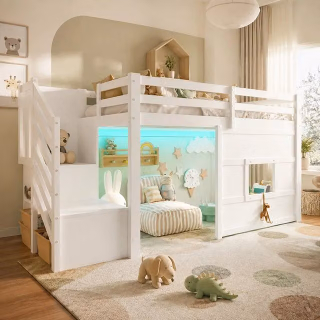 Letto a soppalco singolo Mivray bianco con scala contenitore, illuminazione LED e doghe in legno MDF, L/P/H: 254 x 127 x 95 cm – 1