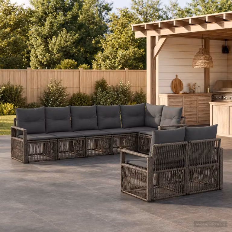 Set Divano da Giardino vidaXL 8 pz a forma a U in Polyrattan Grigio con Cuscini e Struttura in Metallo