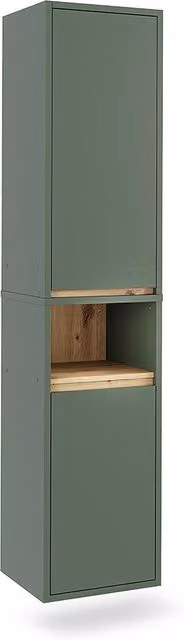 Mobile alto Vicco in legno verde e rovere con 2 ante e ripiani aperti per bagno, L/P/H: 38 x 32 x 170 cm