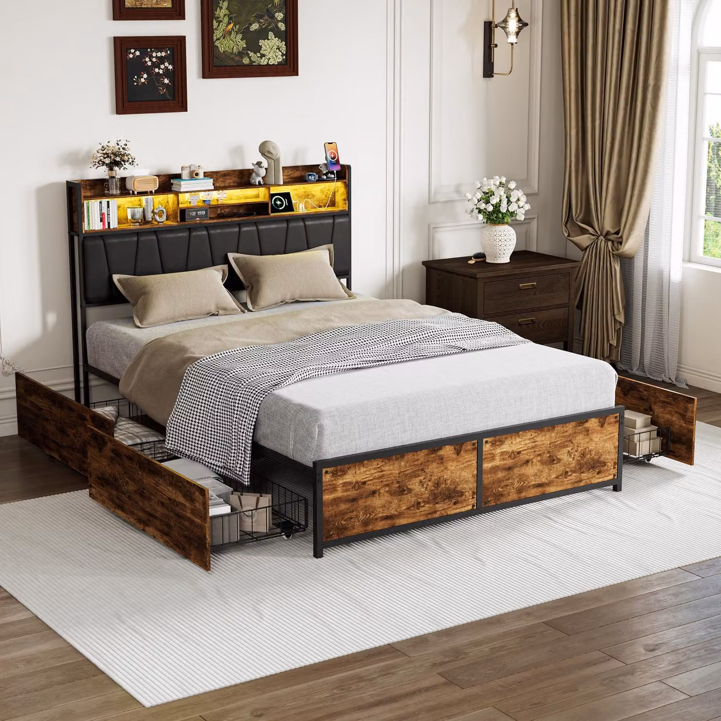 Letto imbottito 140x200 cm con 4 cassetti, dotato di spazio contenitivo, testiera, connessioni USB e Type-C, illuminazione LED, struttura in metallo, schienale imbottito, letto matrimoniale per ragazzi, stile vintage, colore marrone e nero