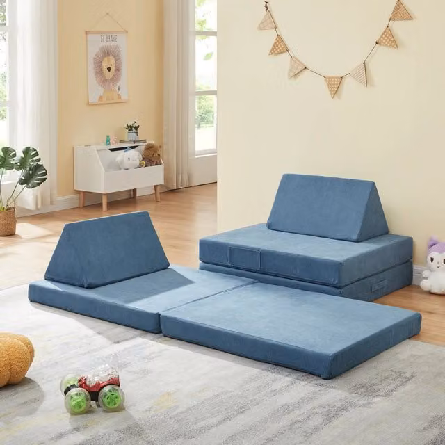 Divano Componibile per Bambini Norhulta en.casa Set Modulare Imbottito in Velluto a Coste Blu L: 150 cm, P: 66 cm, H: 46 cm