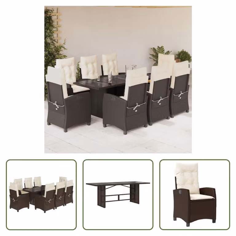 The Living Store Set da pranzo da giardino 9 pezzi con cuscini in polirattan marrone