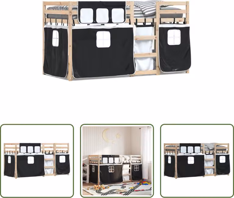 The Living Store Letto a castello con tende bianco nero 90x200 cm in legno di pino
