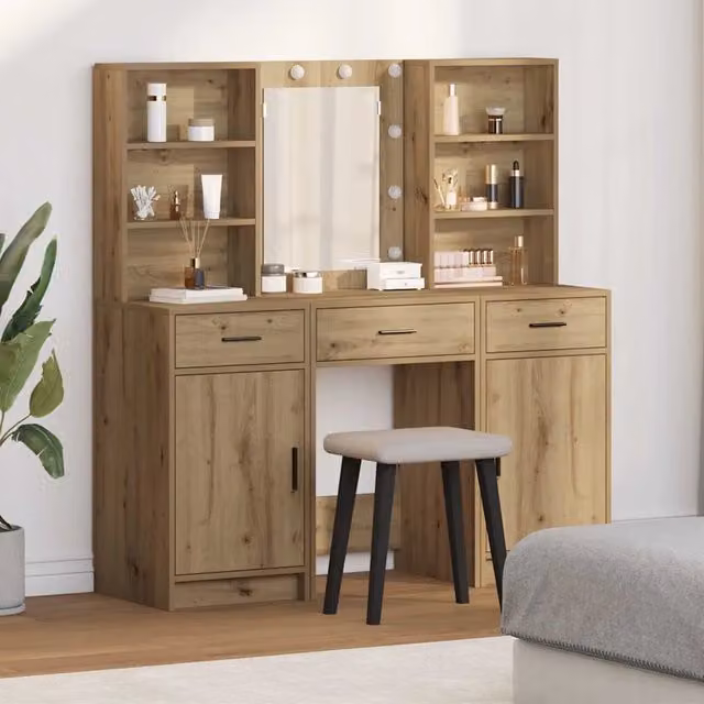 Set da trucco Hollywood con LED vidaXL in legno color rovere marrone