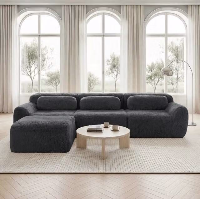 Divano modulare angolare a L 291x179x73 cm in tessuto peluche grigio; senza montaggio
