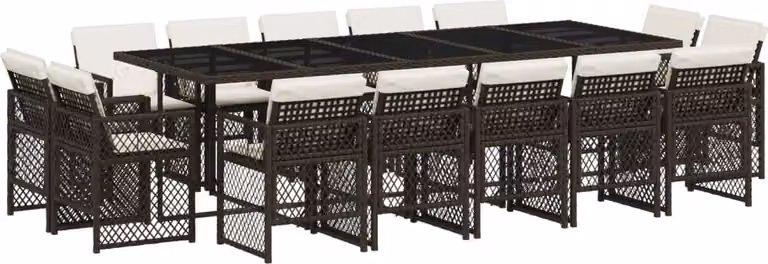 Set da Pranzo da Giardino 15 pz con Cuscini Marrone Polyrattan
