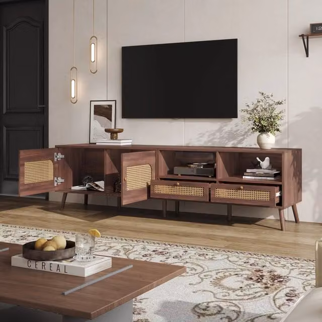 Mobile TV WISHDOR marrone con ante in rattan e cassetti, L/P/H: 200 x 37 x 49,5 cm – 1