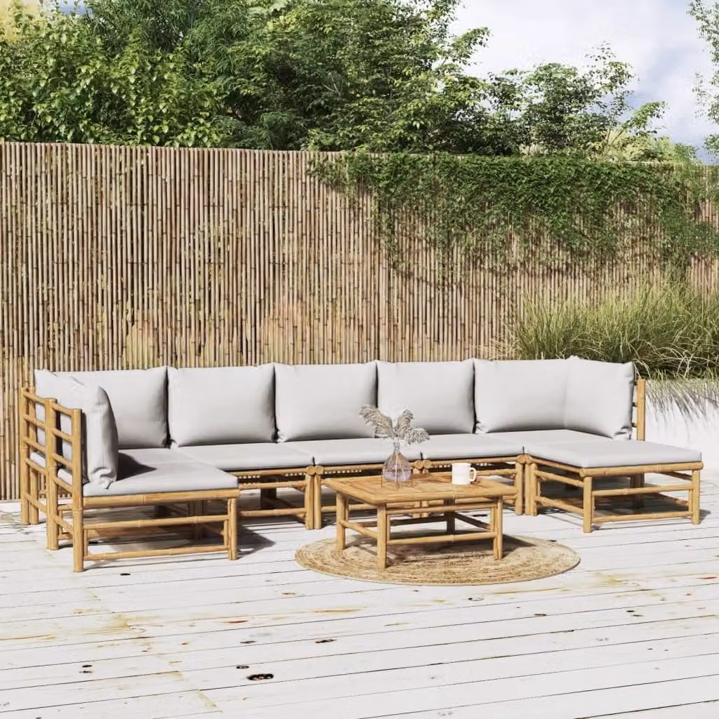 Maison Exclusive - Set da giardino da 8 pezzi con cuscini, grigio chiaro, bambù