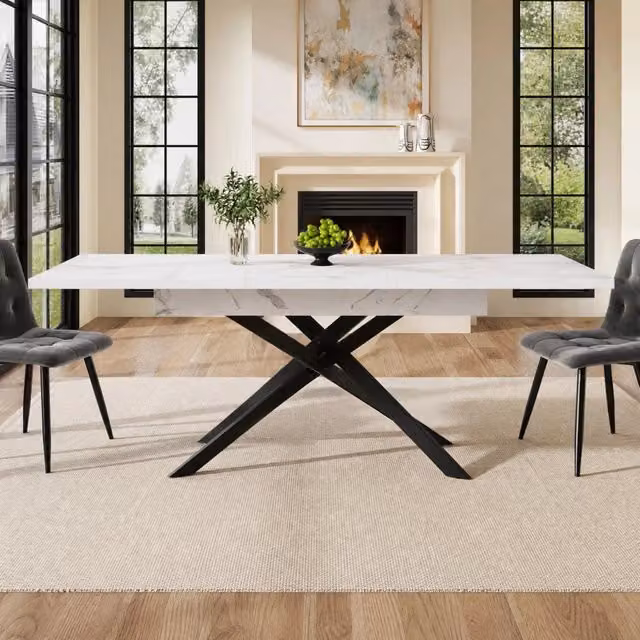 Tavolo da pranzo allungabile ULEVR 120-160x80 cm in MDF effetto marmo, gambe incrociate in metallo nero