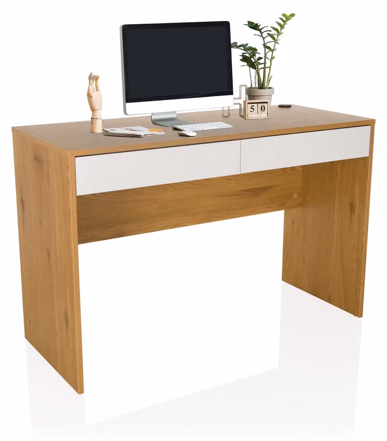 Scrivania con 2 cassetti, dimensioni 120x50 cm, passacavo, finitura noce/bianco