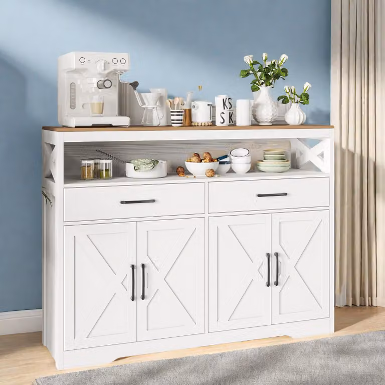 UnboxG Credenza 140×40×105 cm Bianca, Armadio da cucina e sala da pranzo con 2 cassetti e 2 ante, Mobile contenitore e da archiviazione, Design moderno e salvaspazio