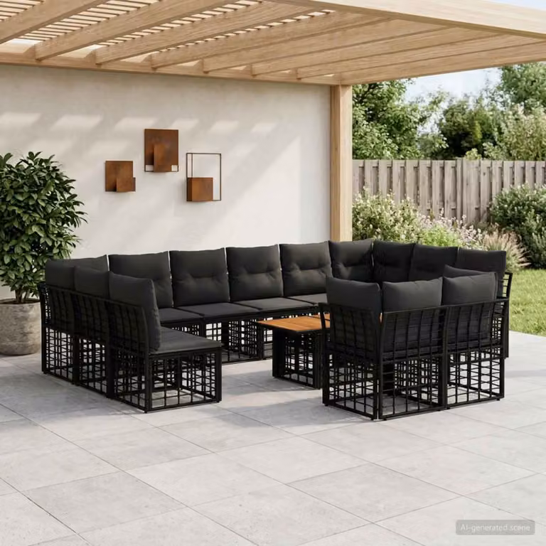 Set Divano da Giardino vidaXL 13 pz in Polyrattan Nero e Grigio con Tavolino e Cuscini