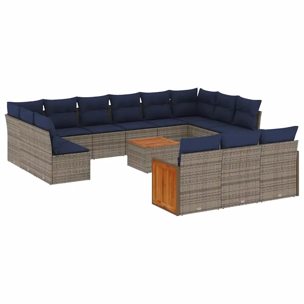 Set di Divani da Giardino a Forma di U vidaXL con Cuscini e Tavolino da Caffè, Polyrattan e Legno di Acacia, Grigio e Blu – 2