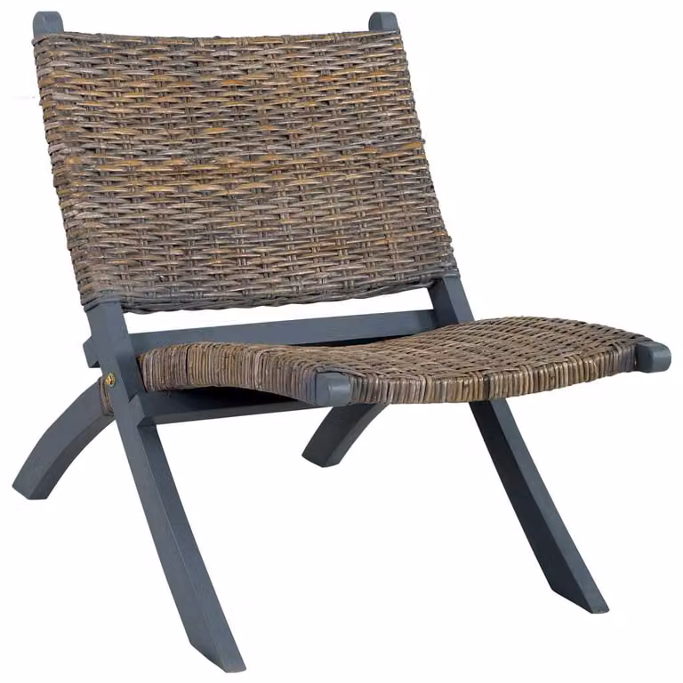 The Living Store Sedia relax grigia in rattan naturale Kubu e legno massiccio di mogano
