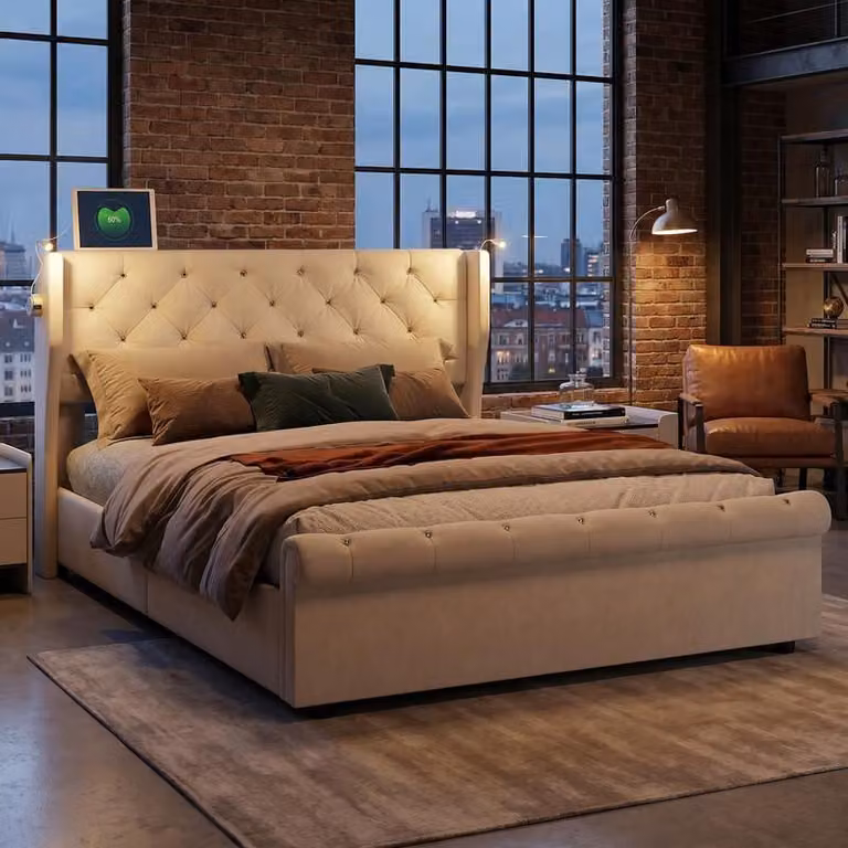 Letto matrimoniale a pressione ProximaX 140×190 cm con rivestimento in velluto - letto imbottito con illuminazione della testata e contenitore per camere da letto, beige