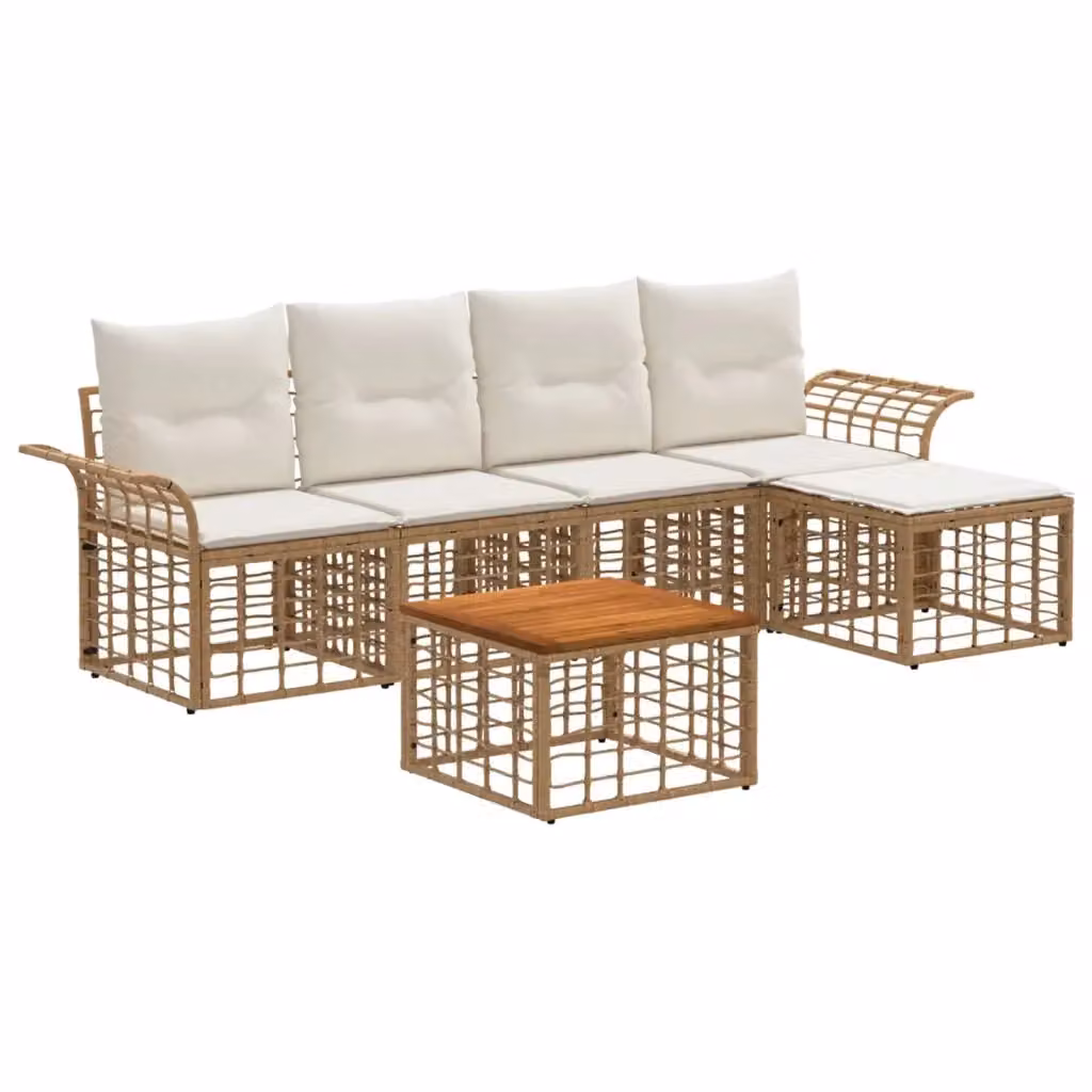 Set di divani da esterno vidaXL a forma di L composto da 6 pezzi con tavolino e pouf, colori beige, bianco e marrone – 2
