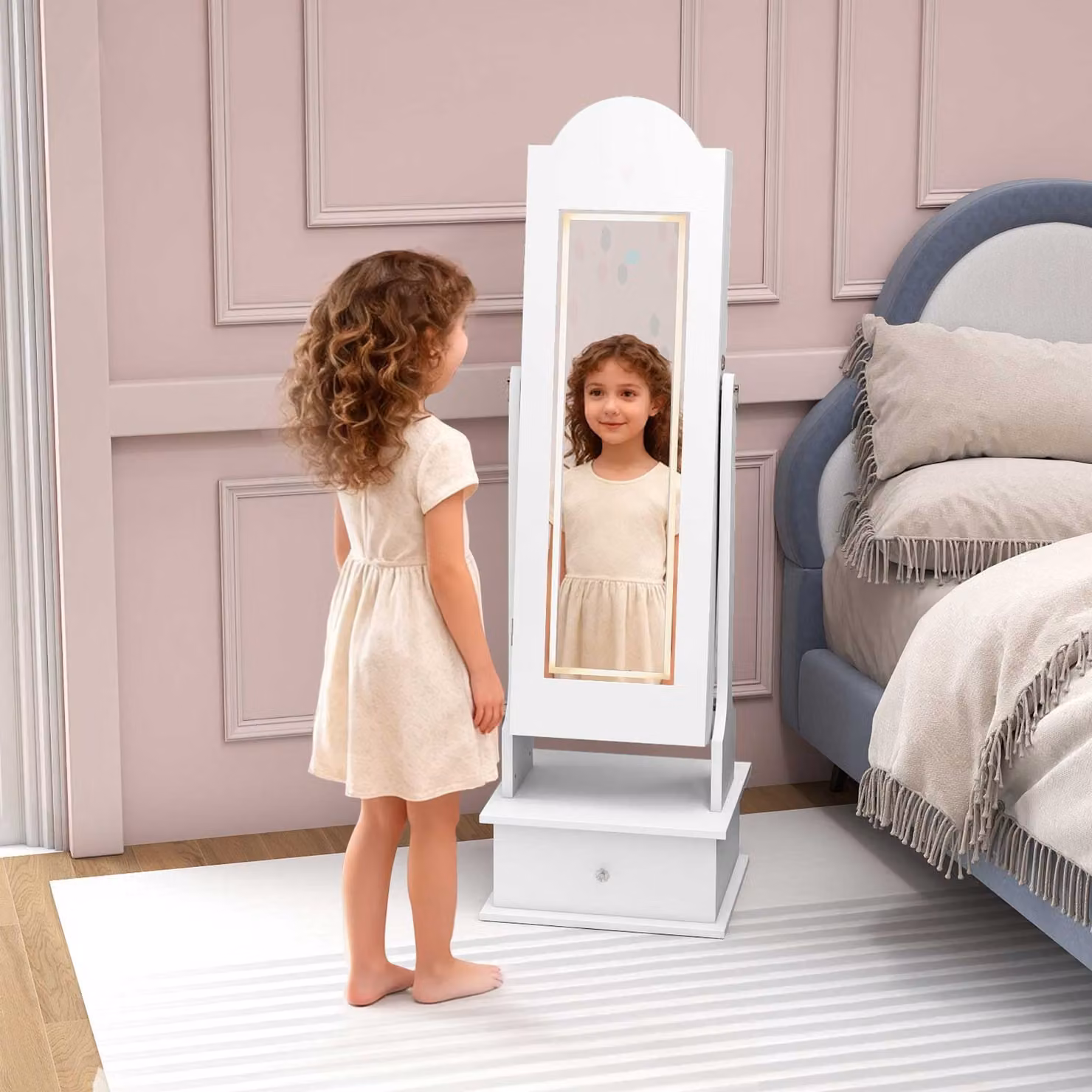 Armadietto porta gioielli Costway per bambini con specchio a figura intera, luci LED integrate e cassetti interni, colore bianco