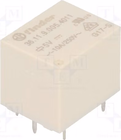 1 relè: bobina elettromagnetica, 5 VDC, 10 A / 250 VAC, 15 A, codice prodotto: 36.11.9.005.4011