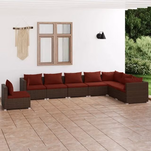 Set di divani da giardino vidaXL in rattan marrone con cuscini e struttura in metallo, 8 pezzi