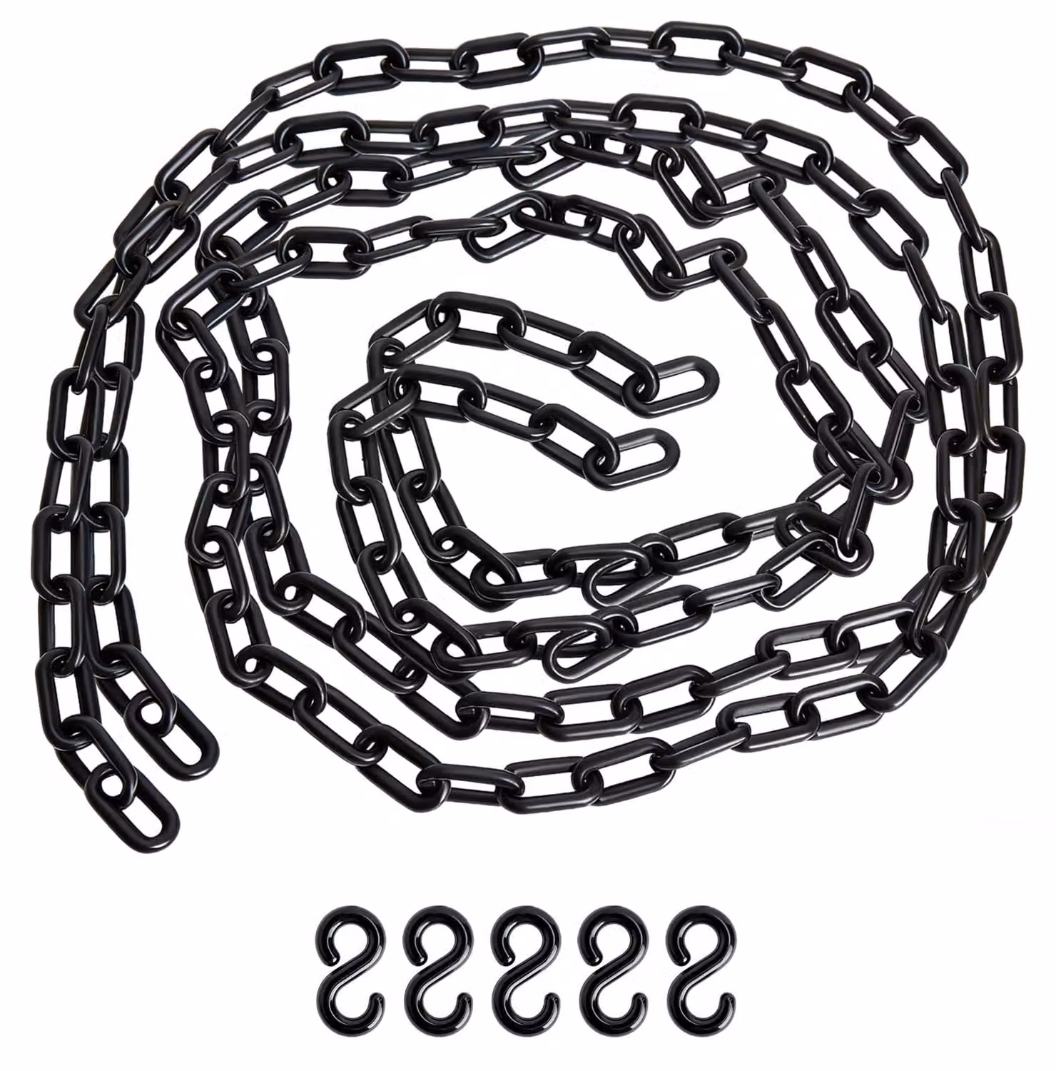 Catena di delimitazione in plastica, lunghezza 2 metri, con 5 ganci a forma di S, diametro 6 mm, colore nero