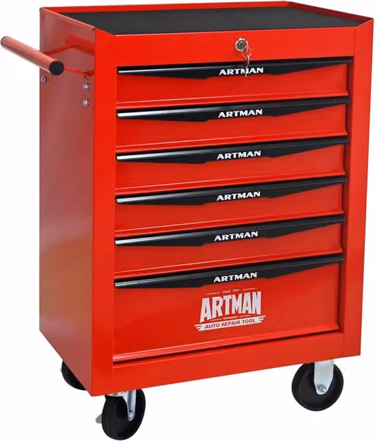 Carrello da officina 52,5x33x77,5 cm acciaio rosso e nero 6 cassetti con serratura su ruote