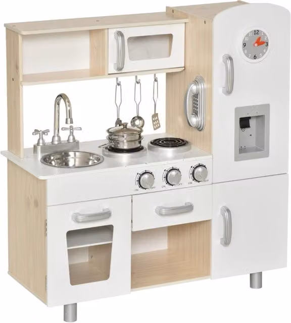 Cucina Giocattolo in Legno Minimal con Lavandino e Fornelli, Bianco, L 74 cm x P 30 cm x H 81 cm
