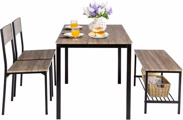 Set Tavolo da Pranzo e Sedie COSTWAY in Stile Industrial, Composto da Tavolo Rettangolare, 2 Sedie e 1 Panca, Colore Grigio