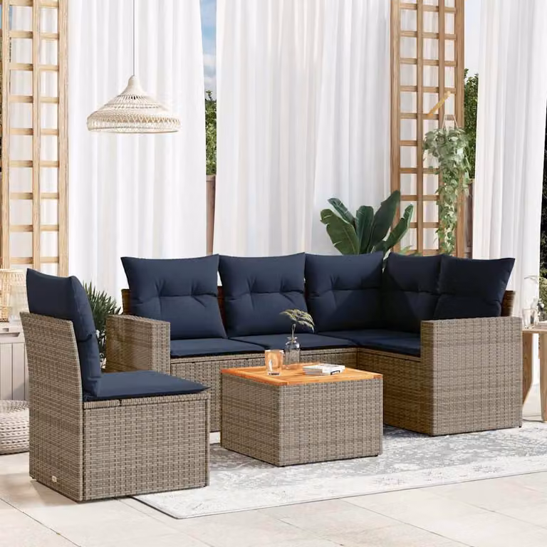 Set di divani da giardino vidaXL in polyrattan grigio con cuscini, tavolino e sedute a L per esterno