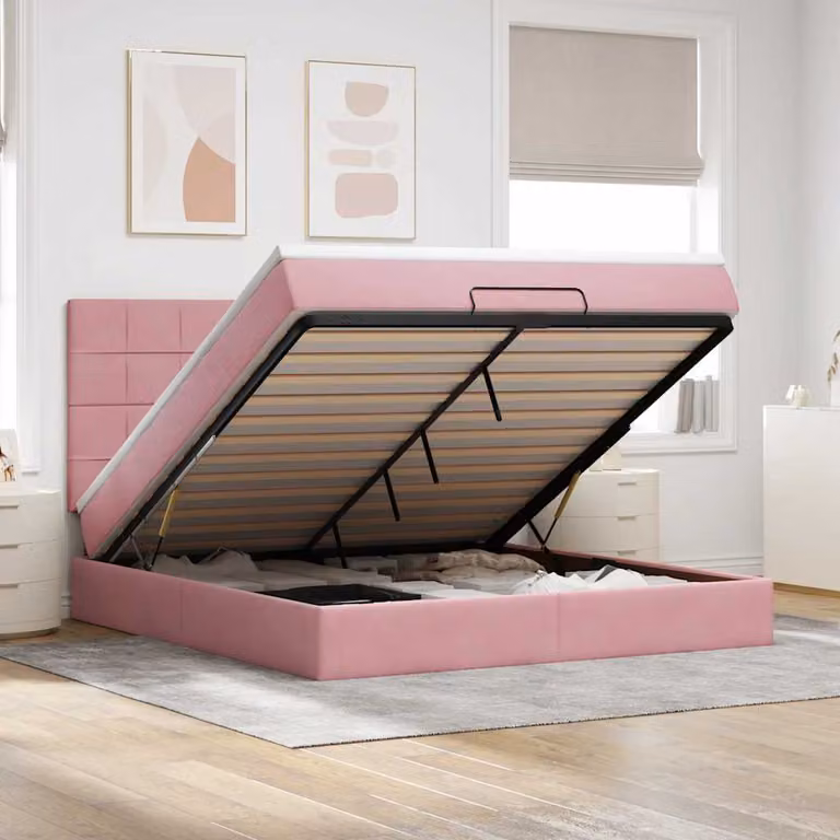 Letto con contenitore a sollevamento vidaXL in velluto rosa e bianco, L 160 x P 200 x H 128 cm