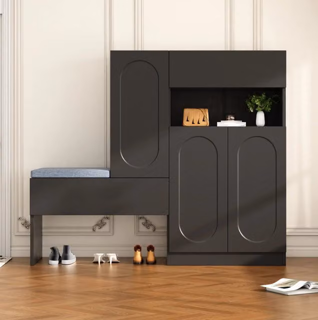 Scarpiera ULEVR 130x35x110 cm con panca imbottita, ante soft-close e ripiani regolabili, nera
