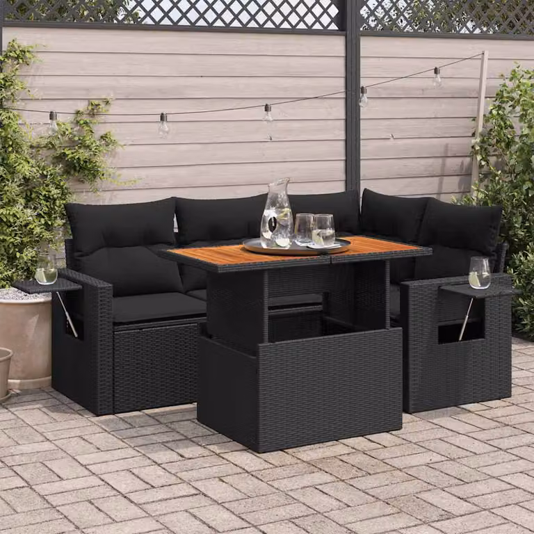 Set Divani da Giardino vidaXL 5 Pezzi in Polyrattan Nero con Cuscini e Tavolino da Esterno a Forma di L