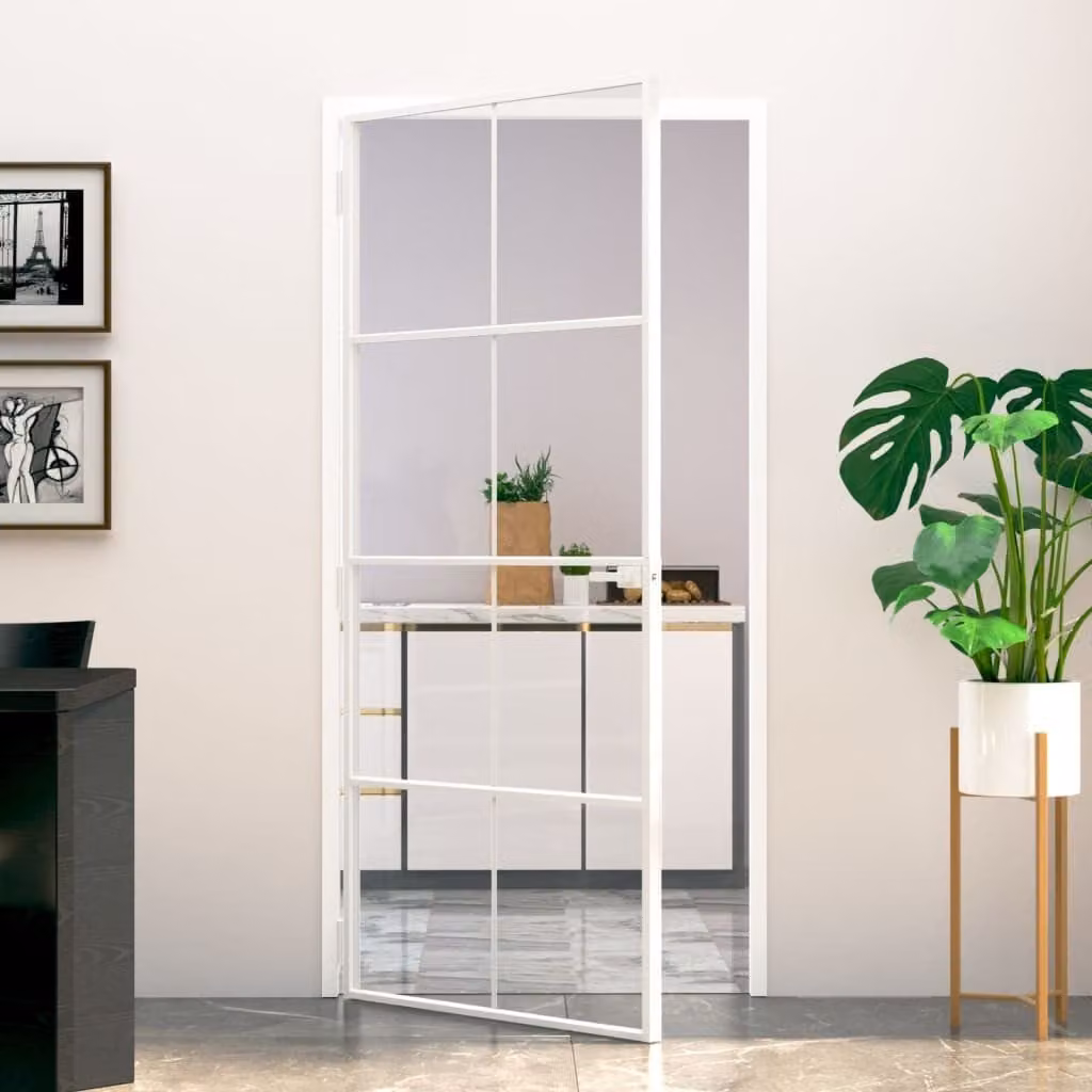 The Living Store porta interna bianca 93x201,5 cm vetro temperato e alluminio slimline