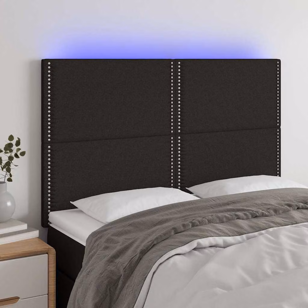 Testiera per letto vidaXL in tessuto nero con illuminazione LED integrata e porta di ricarica USB, L: 144 cm, P: 5 cm, H: 118-128 cm