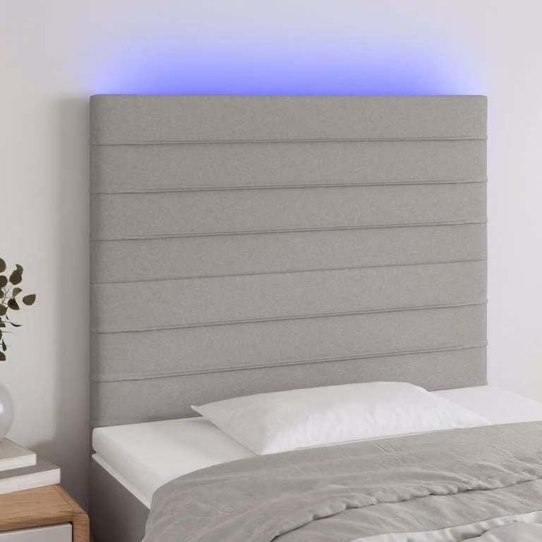 Testiera per letto con illuminazione LED e porta USB vidaXL in tessuto grigio chiaro, L: 90 cm, P: 5 cm, H: 118-128 cm