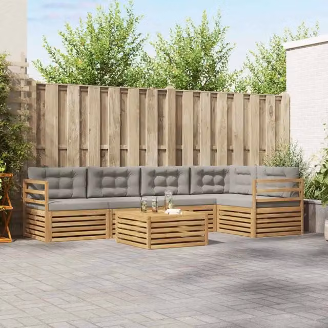 Set di divani da esterno a L vidaXL in legno di acacia con tavolo da caffè, colore bianco e grigio, composto da 6 pezzi con cuscini inclusi