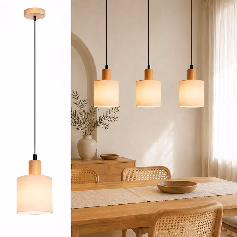 Lampada a sospensione ZMH, una luce, in legno, con paralume in tessuto, stile vintage, attacco E14, ideale per soggiorno, ristorante, camera da letto, cucina, colore bianco